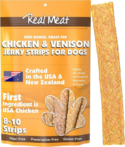 Real Meat Venison & Chicken Jerky Dog Treats - 8 Air-Dried Strips of Jerky Treats for Dogs - Grain-Free Jerky Treats Dog Snacks Made up of 95% Human-Grade, All-Natural, & Free-Range Chicken & Venison