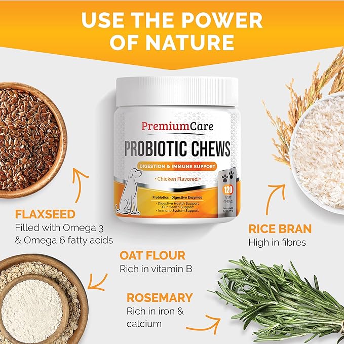 Premium Care Probiotics for Dogs for Yeast, Itchy Skin and Itchy Ears - Advanced Probiotic for Gut Health, Gut Flora, Bowel Health Support, Diarrhea, Digestive Health & Seasonal Allergies- 120 chews