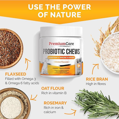 Premium Care Probiotics for Dogs for Yeast, Itchy Skin and Itchy Ears - Advanced Probiotic for Gut Health, Gut Flora, Bowel Health Support, Diarrhea, Digestive Health & Seasonal Allergies- 120 chews