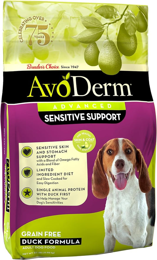 AvoDerm Advanced Sensitive Support Grain-Free Duck Formula Dog Food, Sensitive Stomach, 22lb