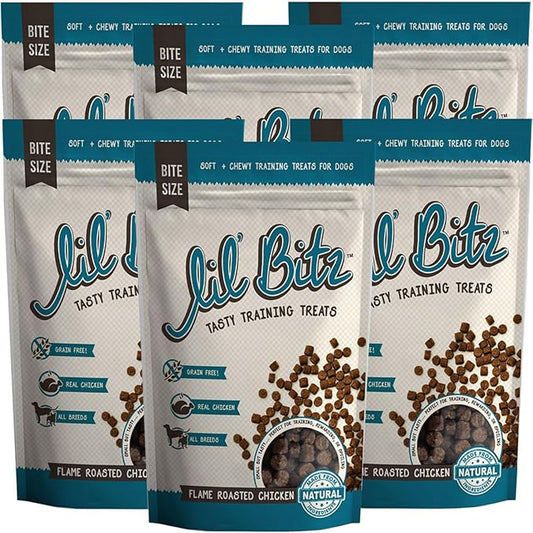 Lil' Bitz Flame Roasted Chicken Training Treats for All Dog Breeds - Low Calories, Grain Free, Natural Ingredients, NASC Compliance - Perfect Reward for Dogs of Every Size (6 Pack)