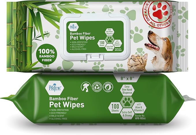 MED PRIDE Pet Wipes XL [Pack of 100 Wipes] 8”x8” - 100% Plant Based Bamboo Fiber Dog and Cat Cleaning Wipes with Aloe Vera- Alcohol and Paraben-Free Deodorizing Pet Wipes- Dog/Puppy Bath Wipes