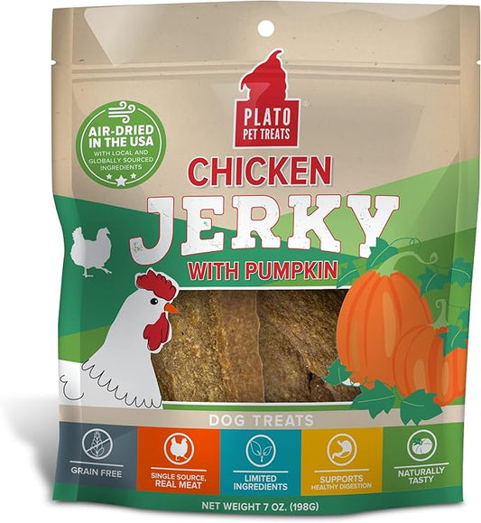PLATO Pet Treats Air Dried, Real Meat, Chicken Jerky with Pumpkin Dog Treats, Made in The USA, Grain Free, 7oz