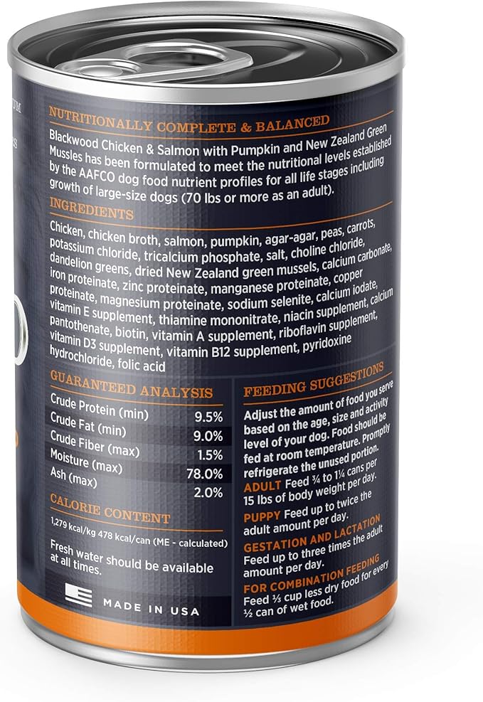 Blackwood Pet Food Grain Free Wet Dog Food Made in USA [All Natural Canned Dog Food], Chicken & Salmon with Pumpkin, 13 oz. can, Pack of 12