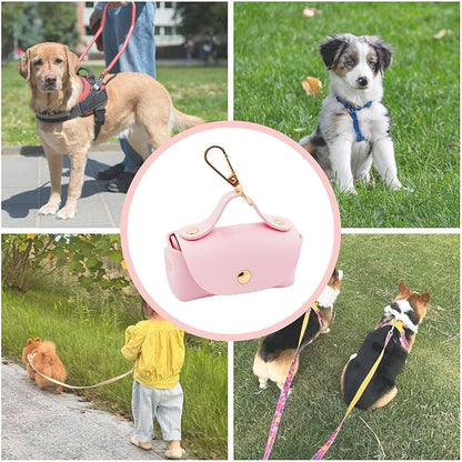 Leather Poop Bag Holder Dispenser for Leash, Portable and Reusable Dog Poop Bag Dispenser, Dog Bag Holder for Walking, Outdoor, Travelling (Pink)