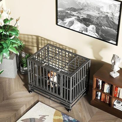 38/42/46 inch Heavy Duty Extra Large Indestructible Dog Crate Kennel Indoor with Separation Anxiety Lockable Wheels and Removable Tray