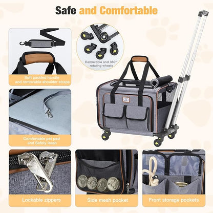 Lekereise Airline Approved Cat Dog Carrier with Wheels Expandable Rolling Pet Carrier for Medium Dogs and Cats Under 15 25LBS, Pet Travel Carrier on Wheels, Grey