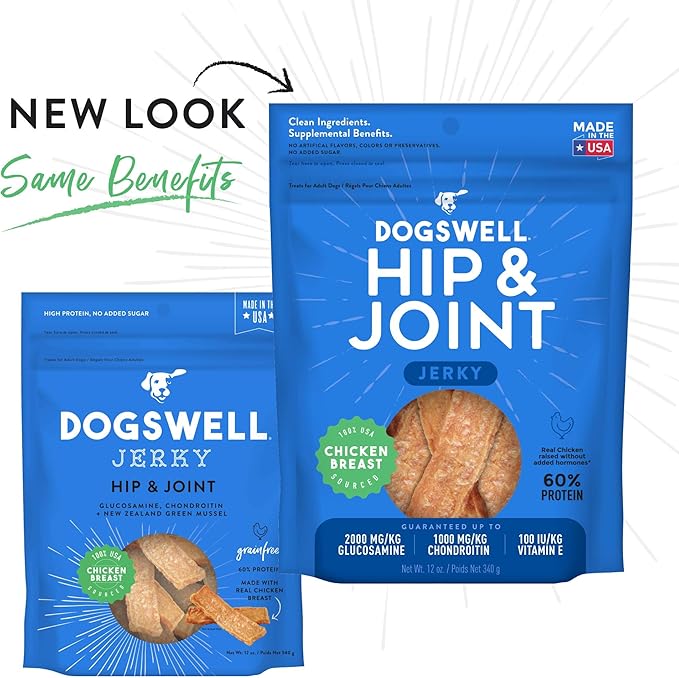 Dogswell Jerky Hip and Joint Dog Treats Grain Free Made in USA Only, Glucosamine and Chondroitin, 12 oz Chicken