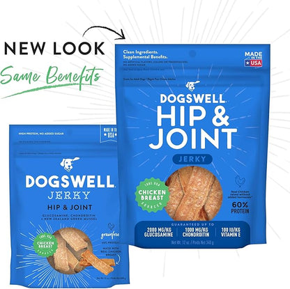 Dogswell Jerky Hip and Joint Dog Treats Grain Free Made in USA Only, Glucosamine and Chondroitin, 12 oz Chicken