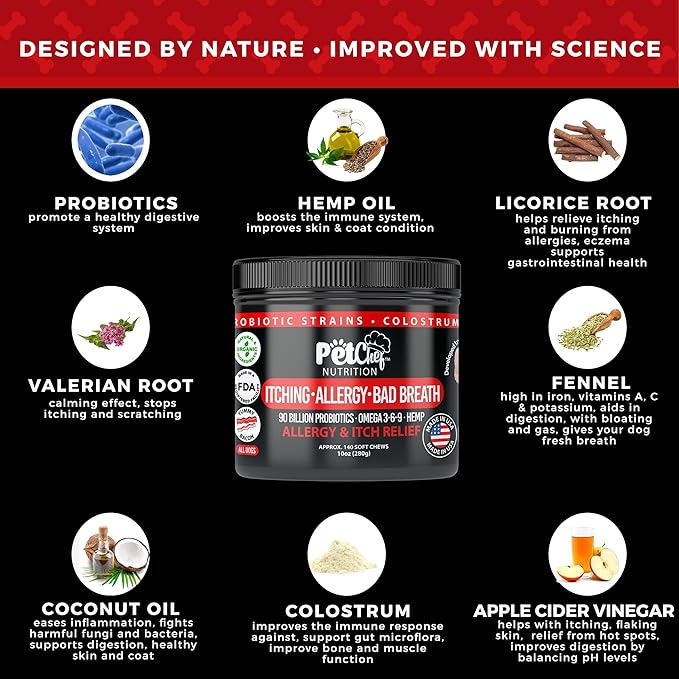 Pet Chef Allergy Defender - Natural Dog Allergy Relief Chews - Effective Medicine for Dog Allergies, Environment and Household Irritant Prevention - Safe & Strong Allergy Supplements for Dogs