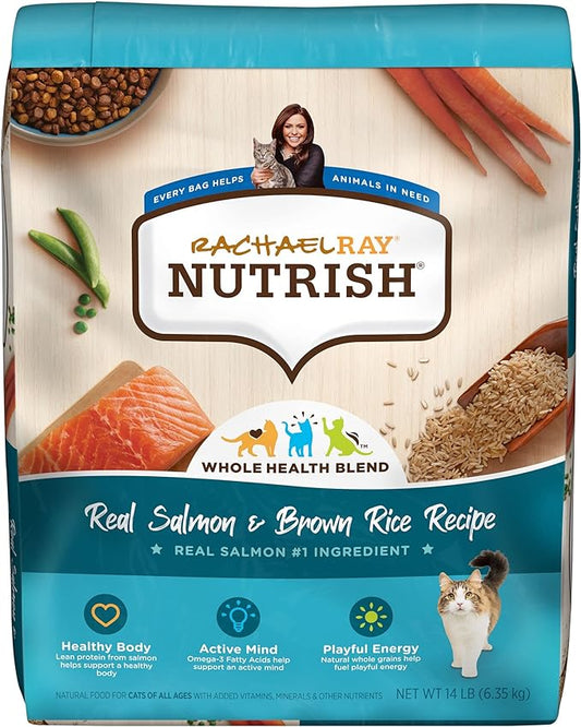 Rachael Ray Nutrish Premium Natural Dry Cat Food with Added Vitamins, Minerals & Other Nutrients, Real Salmon & Brown Rice Recipe, 14 Pound Bag