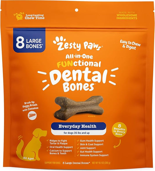 Zesty Paws Dental Bones - Fights Tartar & Plaque - Gum, Teeth & Bone Health - Cinnamon for Dog Breath - Immune, Joint, Gut, Skin & Coat Support - Omega 3 EPA & DHA and Calcium - Large Dogs - 8 ct…