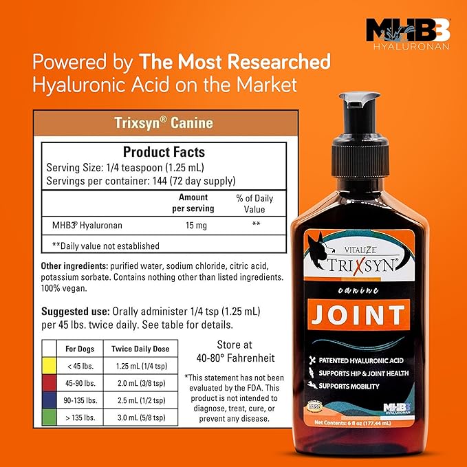 Canine - All Natural Hip and Joint Care for Dogs- Enhance Joint Mobility and Cartilage Function - Live Healthier and Happier- Patented MHB3 Hylauronan Liquid Formula