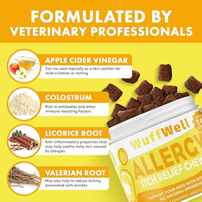 Pet Allergy Chews for Itchy Dog Relief - Allergy and Immune Chews for Dogs - Allergy Chews for Dogs Itching and Linking - Dog Itchy Skin Relief with Colostrum & Apple Cider Vinegar - 140 Ct