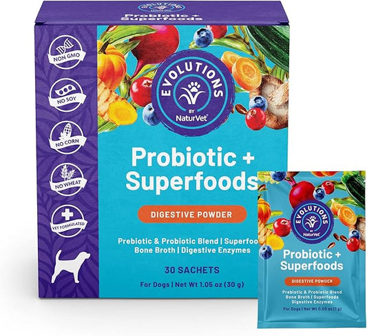NaturVet Evolutions Probiotic & Superfoods Digestive 30ct Powder Sachets for Dogs - Prebiotic & Probiotic Blend, Digestive Enzymes, Bone Broth Nourishes Natural Gut Bacteria & Intestinal Microflora