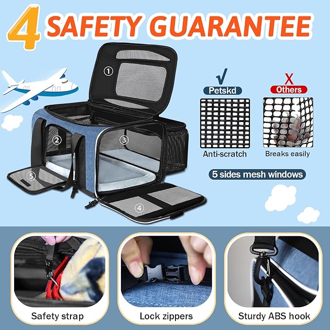 Top and Side Expandable Pet Carrier 17x13x9.5 Inches Southwest Airline Approved, Soft-Sided Carrier for Small Cats and Dogs with Locking Safety Zippers and Anti-Scratch Mesh(Blue)