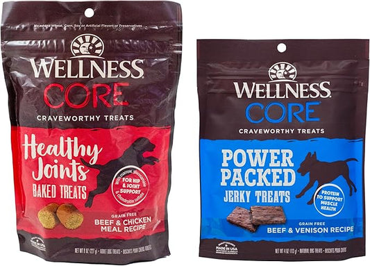 Wellness CORE Grain Free Dog Treats - 2 Flavor Variety Bundle: (1) Each: Healthy Joints Beef Chewy Baked, Power Packed Beef Venison Chewy Jerky (4-8 Ounces)