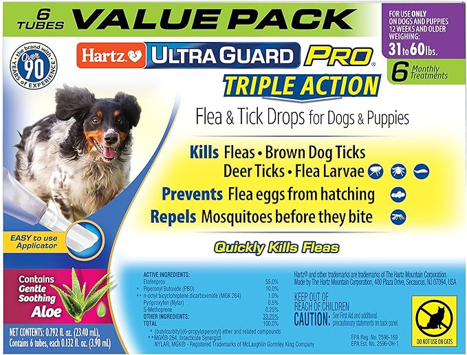 Hartz UltraGuard Pro Topical Flea & Tick Prevention for Dogs and Puppies, 31-60 lbs 6 Monthly Treatments
