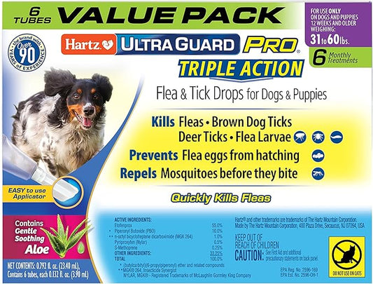 Hartz UltraGuard Pro Topical Flea & Tick Prevention for Dogs and Puppies, 31-60 lbs 6 Monthly Treatments