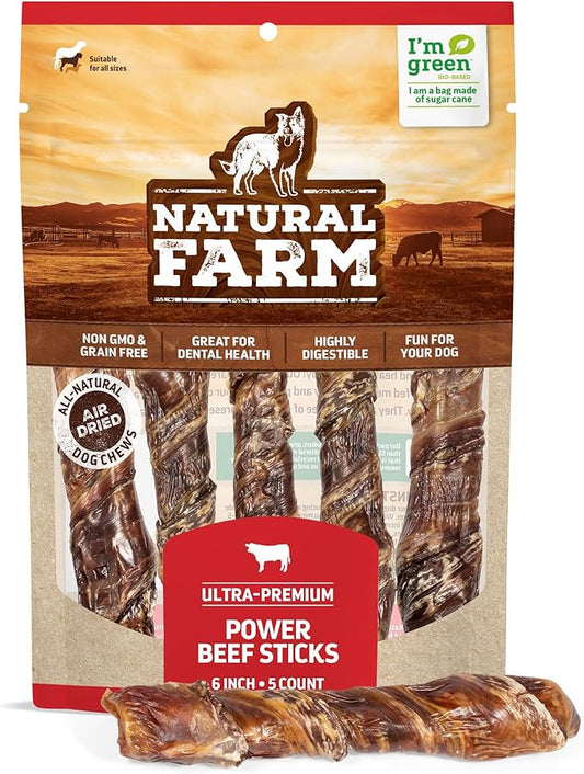 Natural Farm Power Beef Sticks Dog Chews (6”, 5-Pack), 2-in-1 Power Chews: Premium Beef Cheek Wrapped in Beef Esophagus for Double Chewing Time, Promotes Dental Health, Great for Medium Dogs