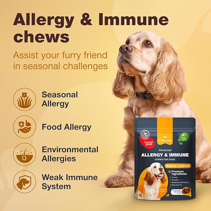 Seasonal & Environmental Dog Allergies Protection Chews - Itch Relief Canine Chewables - All Breeds & Sizes - Travel Pack Convenient Packaging