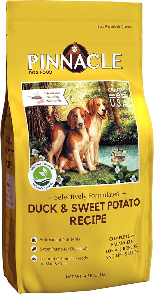 pinnacle pet Duck & Sweet Potato Dry Dog Food 4 lb, Infused with Broth