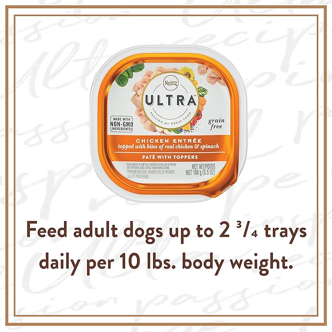 NUTRO ULTRA Grain Free Adult Soft Wet Dog Food Paté With Toppers Chicken Entrée topped with bites of real chicken & spinach, 3.5 oz. Trays, Pack of 24