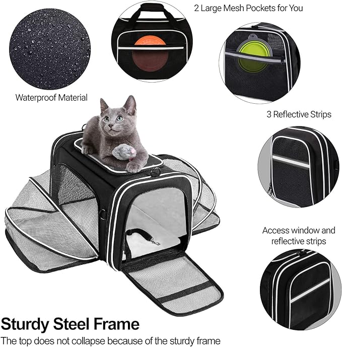 Airline Approved Expandable Pet Carrier with Mesh Pockets, Shoulder Strap, Washable Pads - For 2 Cats, Kittens, Puppies, Dogs