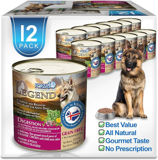 Forza10 Legend Digestion Wet Dog Food, Icelandic Chicken and Lamb Meat Cubes, Canned Grain Free Dog Food, Sensitive Stomach Dog Food, 12 Pack Case (13 Ounce)