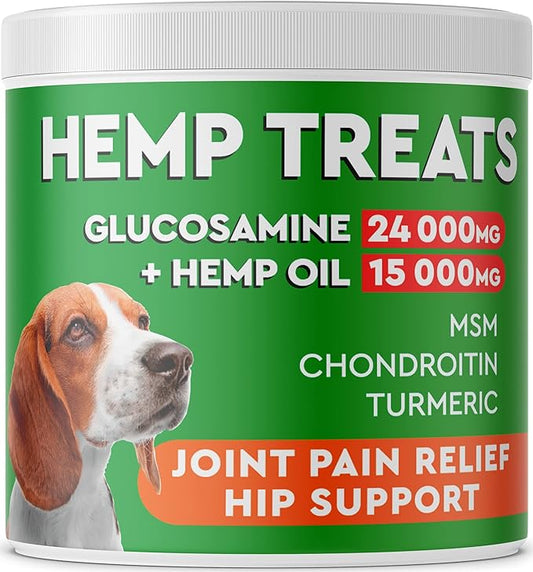 Hemp + Glucosamine Treats for Dogs - Made in USA Hip & Joint Supplement w/Hemp Oil Chondroitin MSM Turmeric - Natural Pain Relief - All Breeds Sizes - 120 Soft Chews - Bacon Flavor