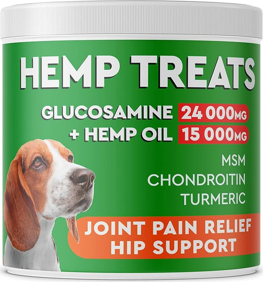 Hemp + Glucosamine Treats for Dogs - Made in USA Hip & Joint Supplement w/Hemp Oil Chondroitin MSM Turmeric - Natural Pain Relief - All Breeds Sizes - 120 Soft Chews
