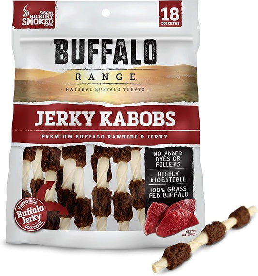 Rawhide Dog Treats | Healthy, Grass-Fed Buffalo Jerky Raw Hide Chews | Hickory Smoked Flavor | Jerky Kabob, 18 Count
