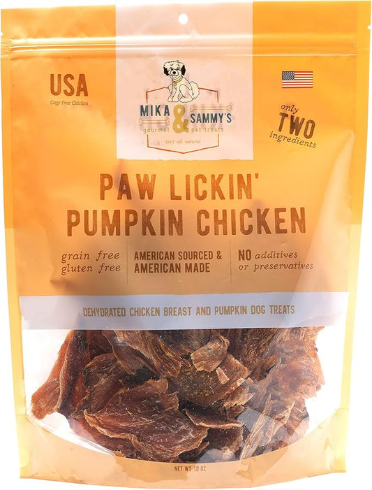 Gourmet Jerky Dog Treats - Natural Dog Treat Chicken Jerky for Dogs, Nutritious and Tasty Dog Jerky Treats Made in USA only, Cage-Free, No Additives (Mika & Sammy's Paw Lickin Pumpkin Chicken 12 oz)