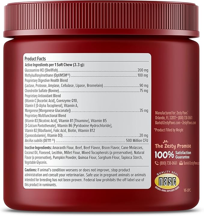 Zesty Paws Multivitamin Treats for Dogs - Glucosamine Chondroitin for Joint Support + Digestive Enzymes & Probiotics - Grain Free Dog Vitamin for Skin & Coat + Immune Health - AE - 90 Count