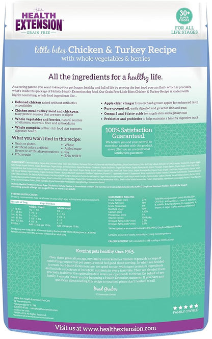 Health Extension Grain Free Little Bites for Dogs, Natural Food with Added Vitamins & Minerals, Perfect for Teacup, Toy & Small Dogs, Chicken & Turkey Recipe (12lb Bag)