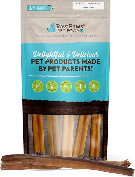 Raw Paws Jumbo Bully Sticks for Dogs, 12 inch, 5-ct - Extra Large Bully Sticks for Dogs - Free Range Cows no added Hormones, Pizzle Sticks for Dogs, Long Lasting Bully Bones for Aggressive Chewers