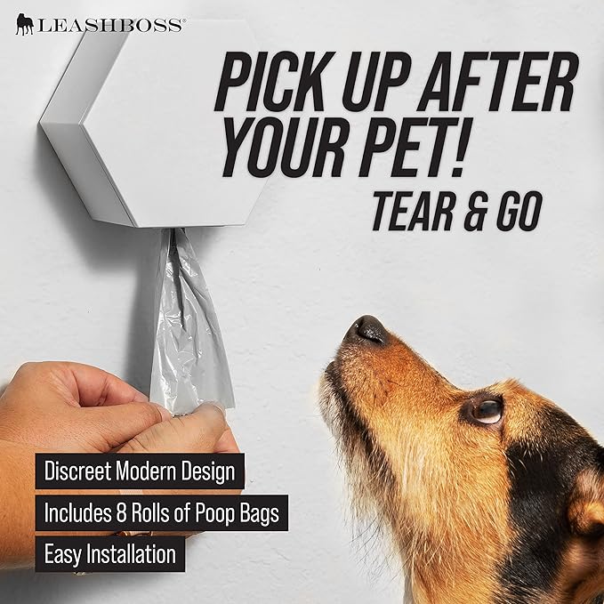 Leashboss Dog Poop Bag Dispenser Wall Mount with Container for Extra Storage, Doggy Bag Holder for Pet Waste Stations, Includes 8 Rolls (120 Bags) of Unscented Pet Waste Bags