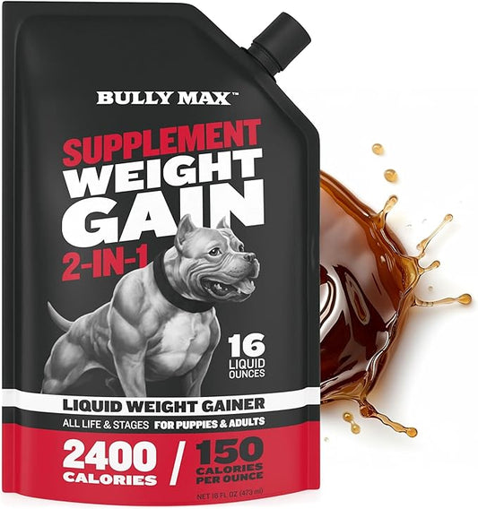 Bully Max Weight Gainer Liquid for Puppies & Adult Dogs | 2-in-1 High Calorie Multivitamin Dog Supplements & Vitamins for Weight Gain with Omega 3 & Whey Protein for All Breeds & Ages - 16 oz Bag