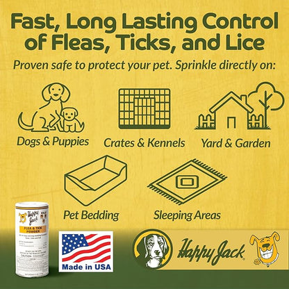 Happy Jack Flea and Tick Powder for Dogs & Puppies, Flea Powder for Carpets, Flea Treatment & Control, Kills Fleas, Ticks & Lice, Odorless & Non-Staining, Dust on Sleeping Quarters & Furniture (5 oz)