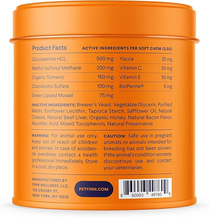 Finn Hip and Joint Supplement for Dogs | Glucosamine, Chondroitin & MSM for Joint and Mobility Support | with Turmeric, BioPerine and B-Vitamins | 90 Soft Chews
