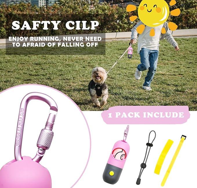 Dog Poop Bag Dispenser with Flashlight|Dog Poop Bag Holder with Leash Clip|Hands-Free Leash Poop Bag Holder with Straps and 1 Roll Dog Waste Bags (Pink)