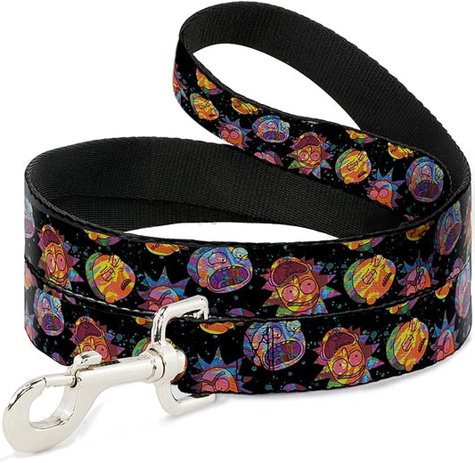 Rick and Morty Pet Leash, Dog Leash, Rick and Morty Vaporwave Expressions Scattered Multi Color, 6 Feet Long 1.0 Inch Wide
