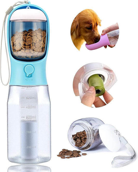 Dog Water Bottle with Food Container, Portable Pet Dog Water Dispenser for Outdoor Walking,Hiking,Travel,Puppy Essentials,Puppy Supplies,Replaceable Waste Bags