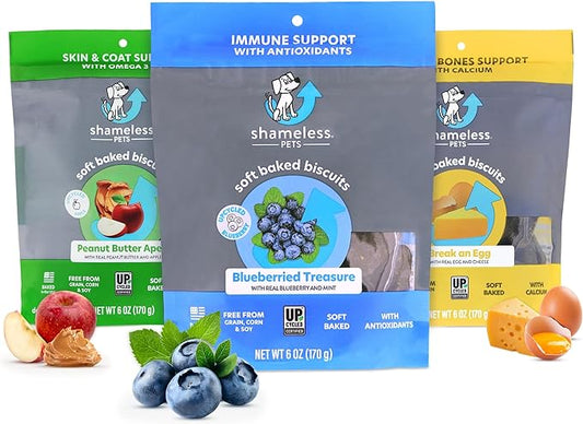 Shameless Pets Soft-Baked Dog Treats, Vegetarian Variety 3-Pack - Natural & Healthy Dog Chews for Small, Medium & Large Dogs - Dog Biscuits Baked & Made in USA, Free from Grain, Corn & Soy