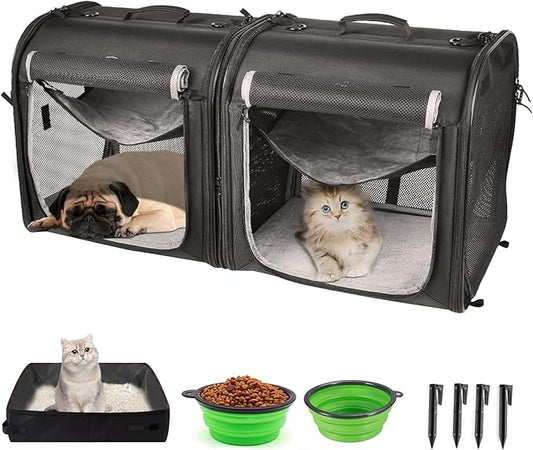 Portable 2-in-1 Pet Carrier for Medium Dogs Large Cat Carrier for 2 Cats Travel Double Dog Crate Set with Portable Carry Bag/Hammocks/Mats/Tent Stakes/2 Pcs Pet Bowls for Outdoor Camping