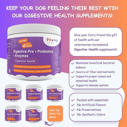 Digestive Supplements for Dogs, Vitamins, Inulin - Beneficial Bacterial Balance, Fiber, Probiotics - Healthy Gut Microbes, Bowel, Intestinal, Immune Support, Proper Solids Elimination