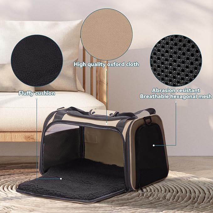 PETSFIT Pet Carrier for Cat, Dog Carrier for Small Dogs, Soft Cat Carrier Bag with Cozy Extendable Mat for Pets Under 25 Lbs (Large, Khaki)