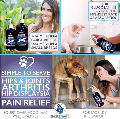 Best Paw Nutrition - Bacon Flavor Liquid Glucosamine for Dogs & Cats - Chondroitin, MSM, Hyaluronic Acid - Dog Arthritis Home Remedy - Joint Supplement for Hip & Joint Pain Relief Pets Love - 16oz