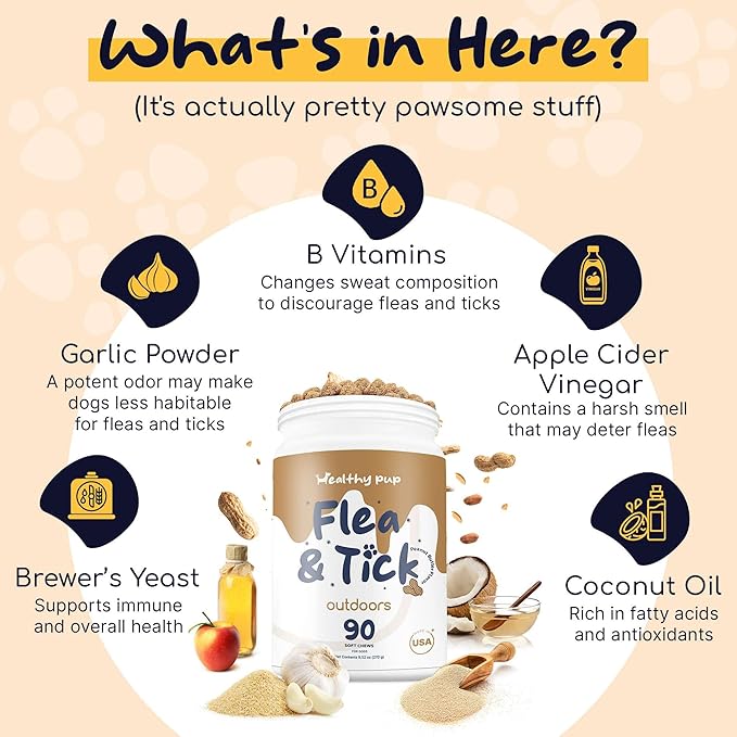 Flea and Tick Prevention for Dogs, Chewable – 90 Peanut Butter Flavored Soft Chews – Made with B Vitamins, Garlic Powder, Brewers Yeast, Coconut Oil, and Apple Cider Vinegar