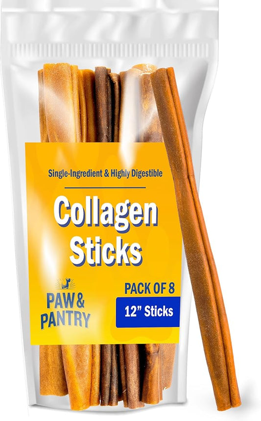 Paw & Pantry 12" Beef Collagen Sticks for Dogs (8 Pk) - Rawhide Free All Natural Collagen Chews for Dogs - Long Lasting Dog Collagen Sticks - Dog Treats Promote Hip, Joint, Skin, Coat, & Dental Health